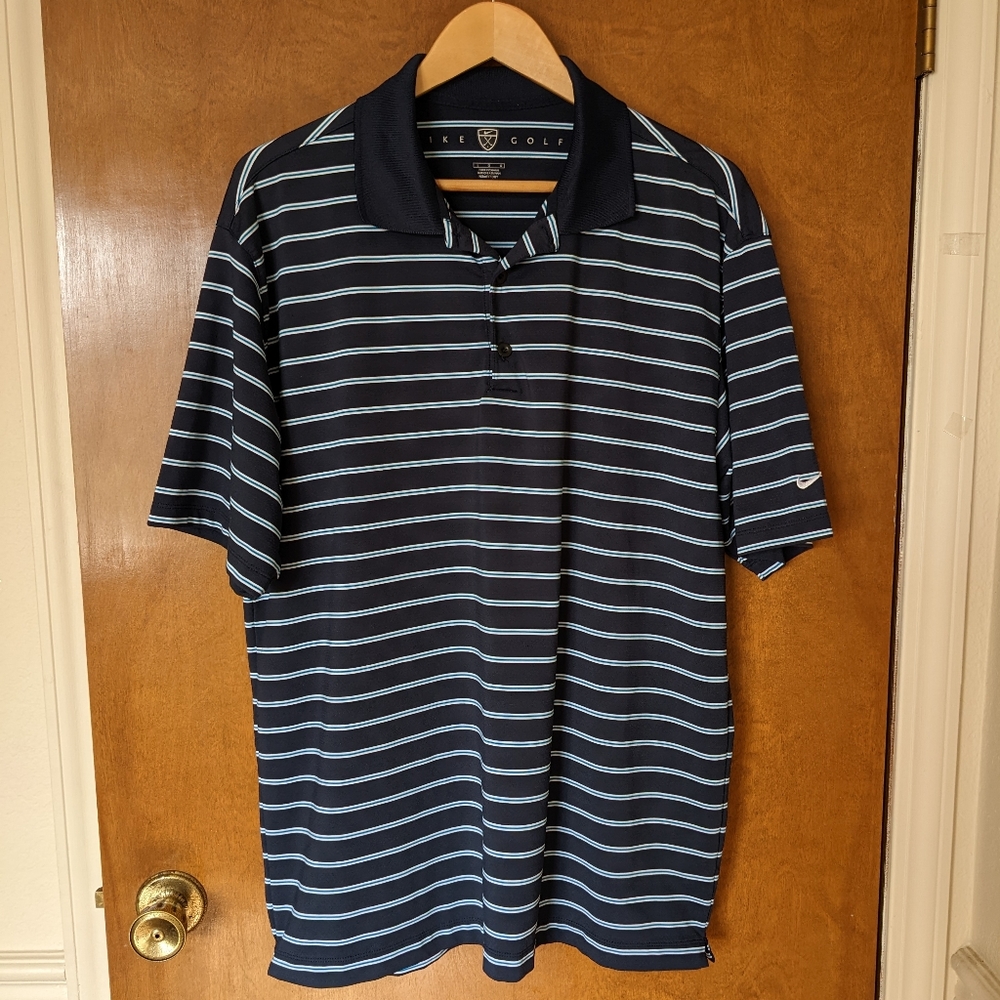 Nike Golf Navy Blue White Blue Striped Polo Short Sleeve Shirt